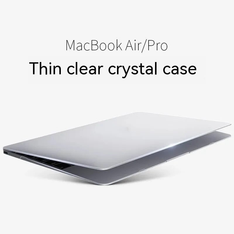 MacBook protective case in crystal transparent and frosted black shell options on a laptop.