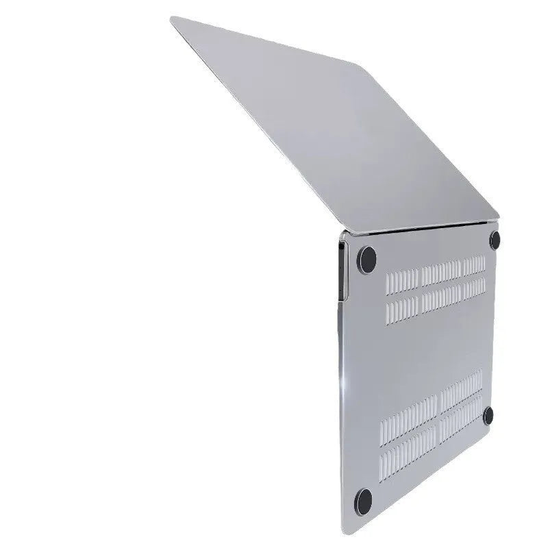 MacBook protective case in crystal transparent and frosted black shell options on a laptop.