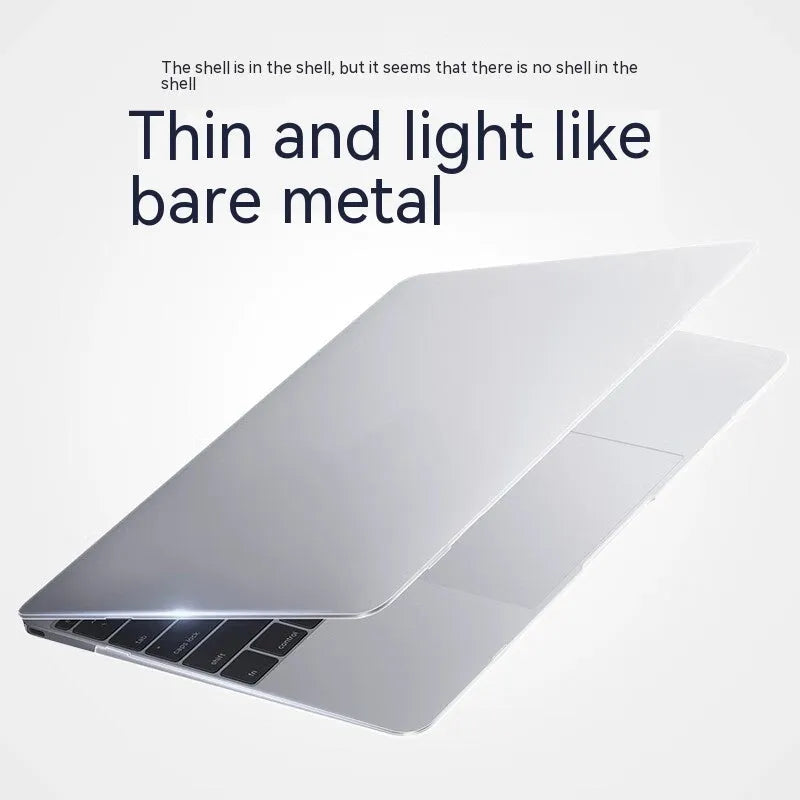 MacBook protective case in crystal transparent and frosted black shell options on a laptop.