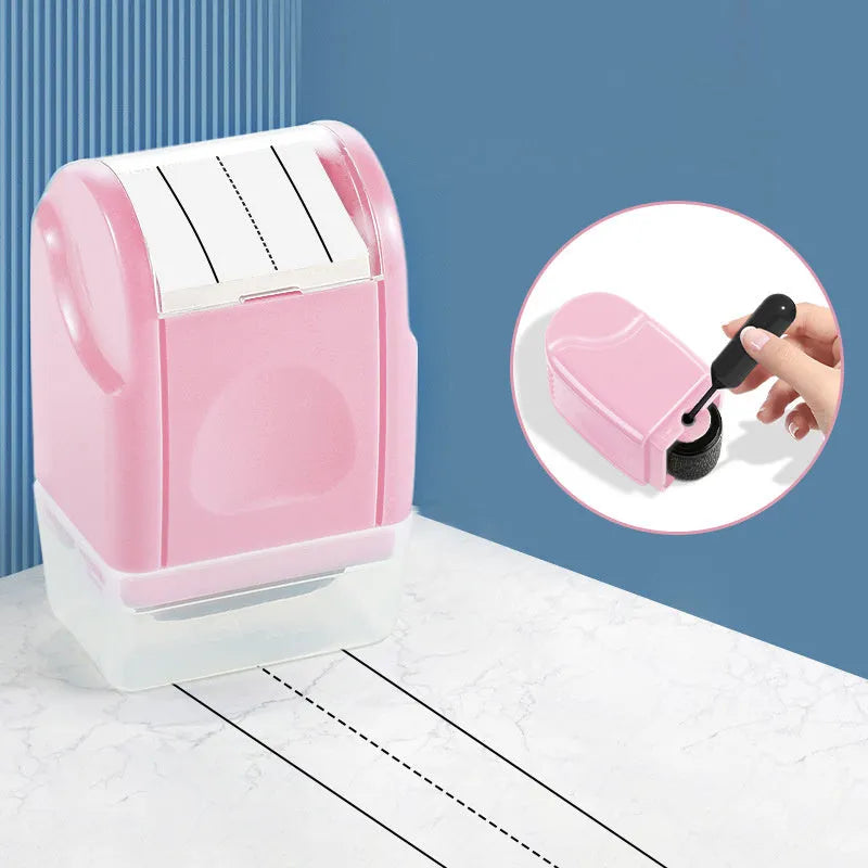 Simplified Roller English Line Seal plastic stamp in multiple colours on a surface.