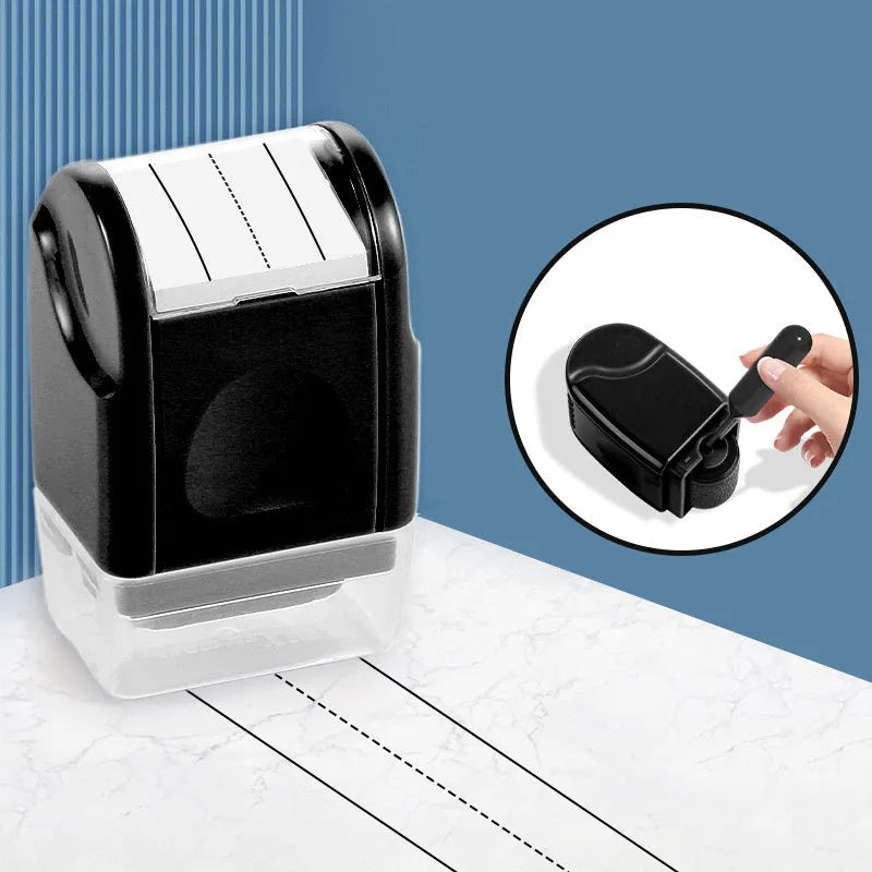 Simplified Roller English Line Seal plastic stamp in multiple colours on a surface.