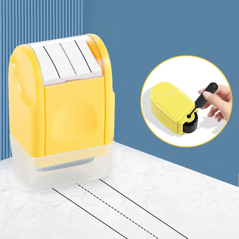 Simplified Roller English Line Seal plastic stamp in multiple colours on a surface.