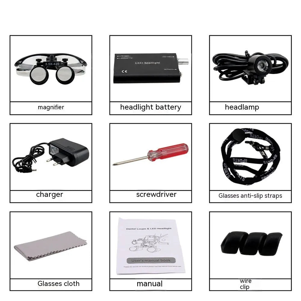 Black head-mounted dental LED magnifying glass with 3.5X magnification and adjustable working distance