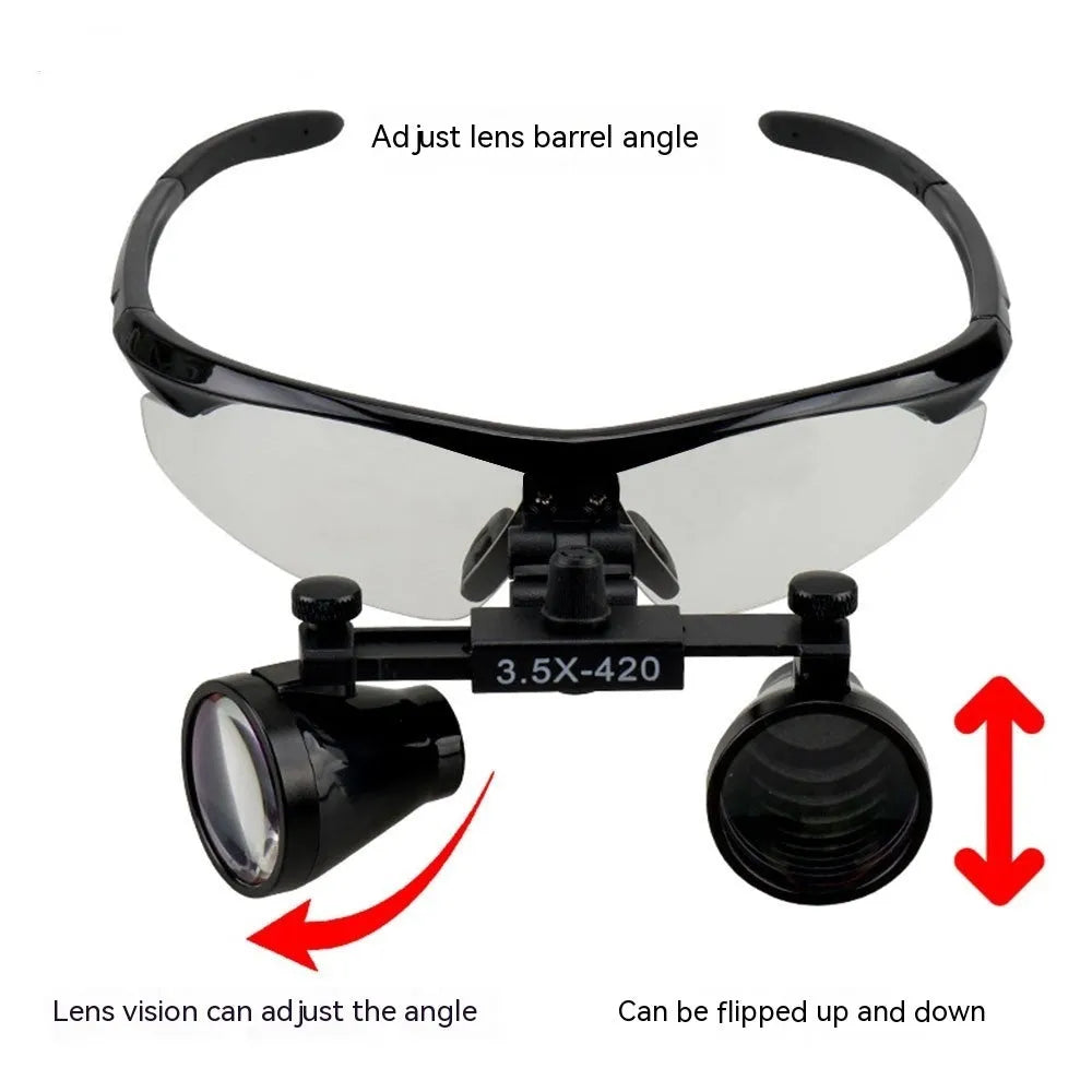 Black head-mounted dental LED magnifying glass with 3.5X magnification and adjustable working distance