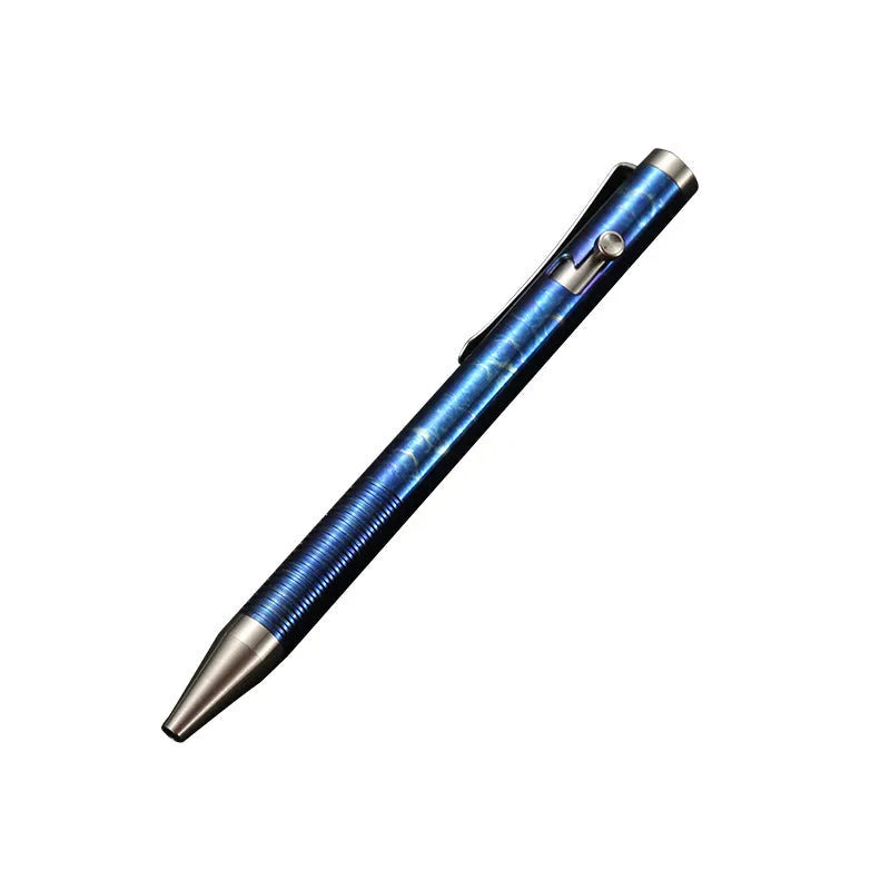 Titanium alloy magic colour pen with gun bolt handle design on a dark background.