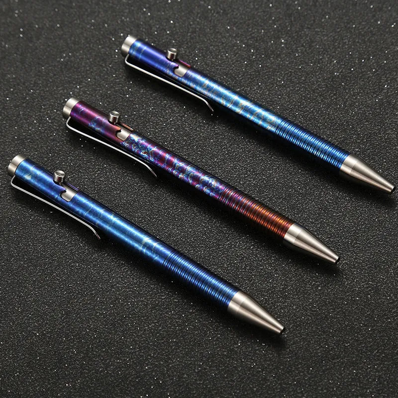 Titanium alloy magic colour pen with gun bolt handle design on a dark background.