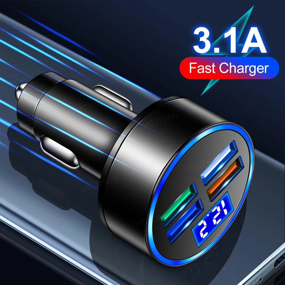 Black four-port USB car charger with cigarette lighter plug