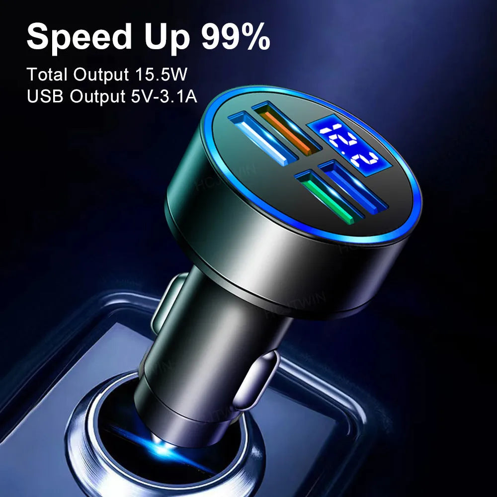 Black four-port USB car charger with cigarette lighter plug