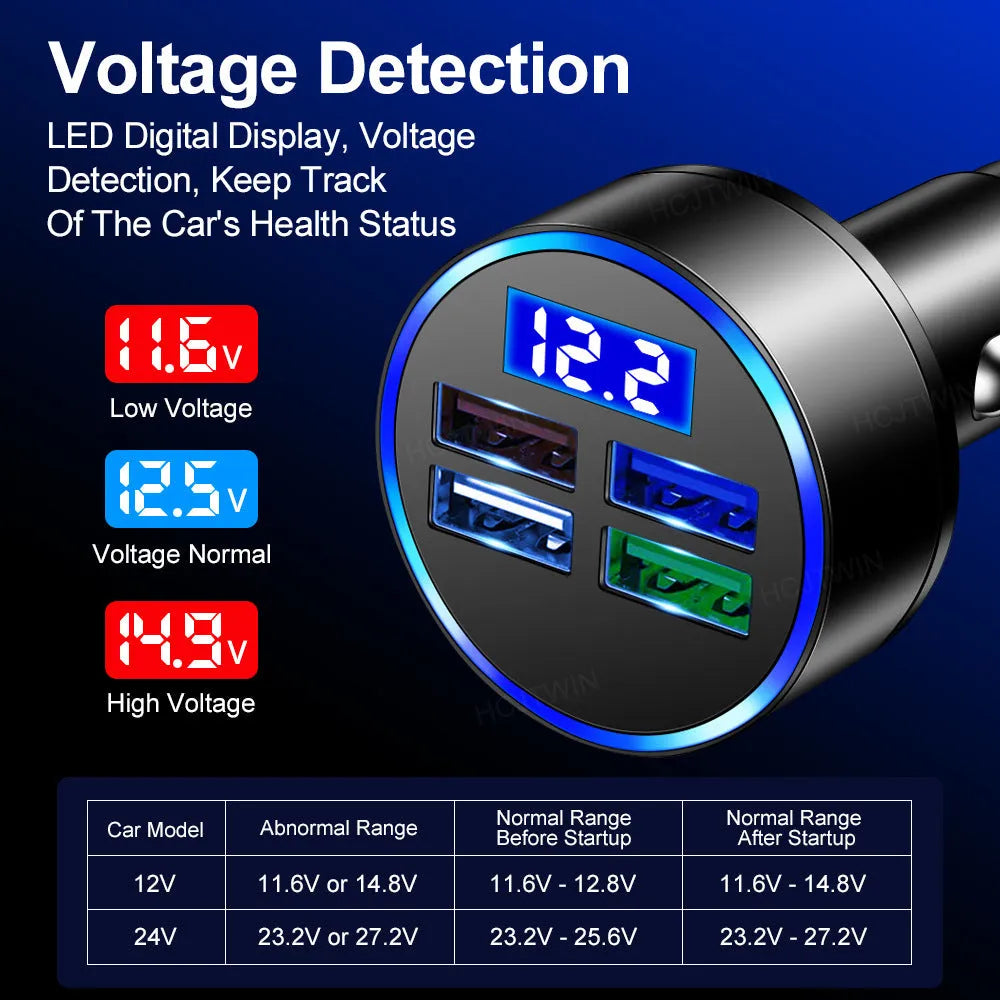 Black four-port USB car charger with cigarette lighter plug