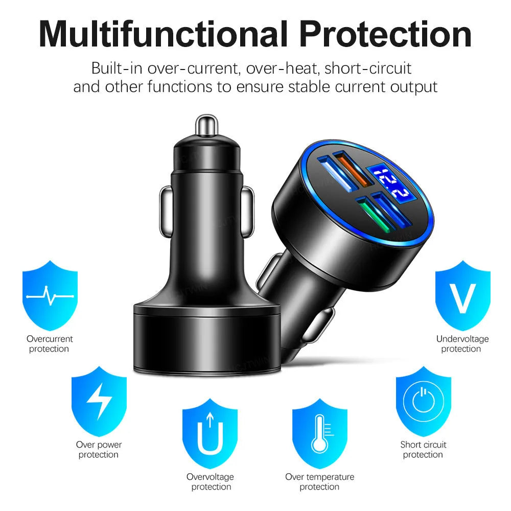 Black four-port USB car charger with cigarette lighter plug