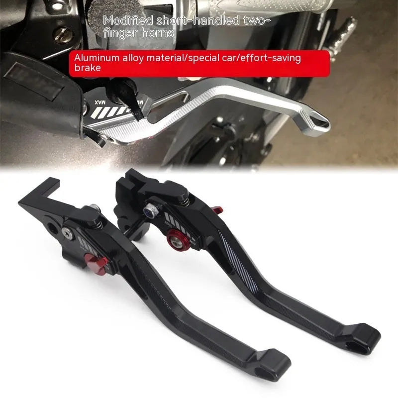 Metal motorcycle clutch lever in two-finger design shown in multiple colour options.