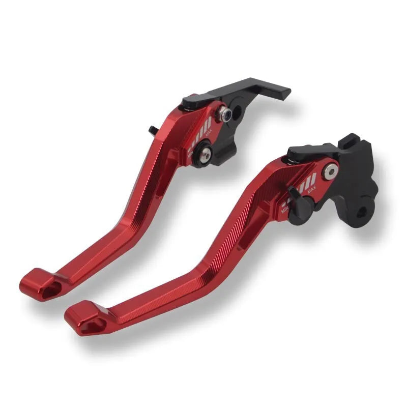 Metal motorcycle clutch lever in two-finger design shown in multiple colour options.