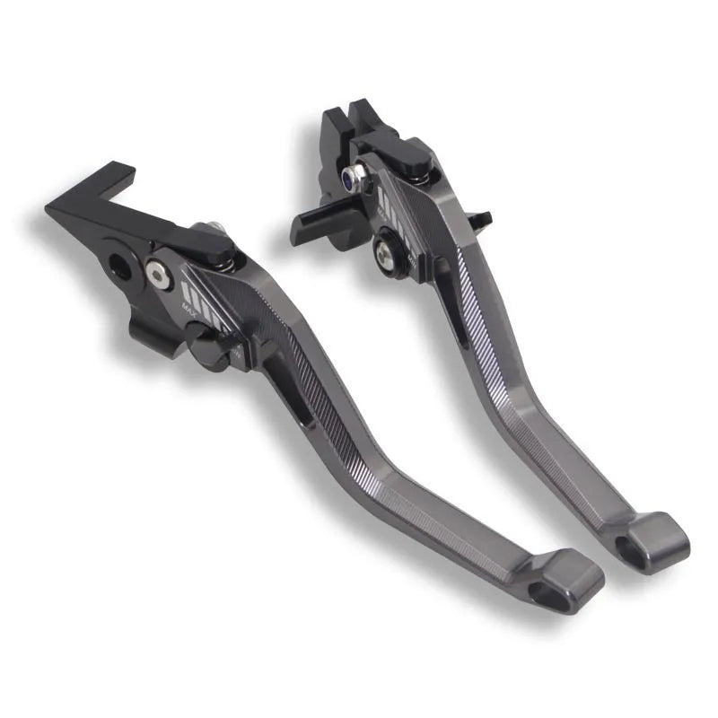 Metal motorcycle clutch lever in two-finger design shown in multiple colour options.