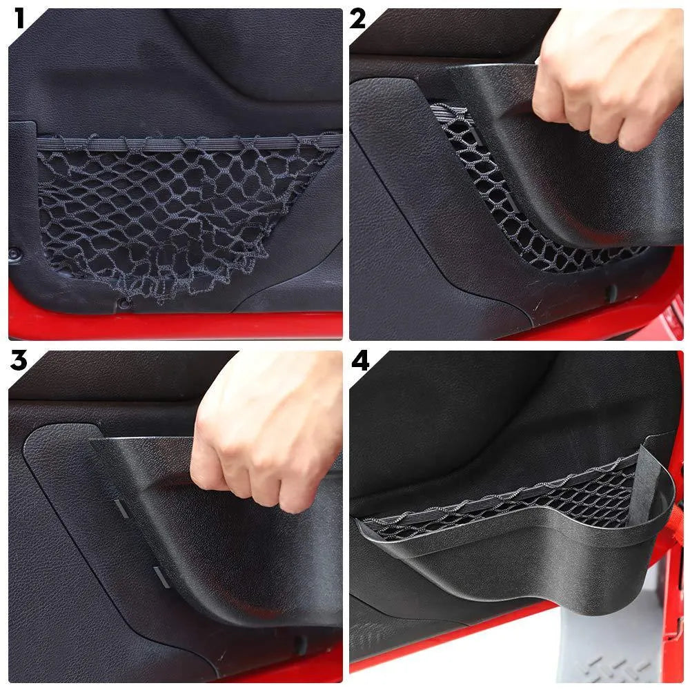 Black aluminium alloy car interior net pocket storage box pair for vehicle organisation