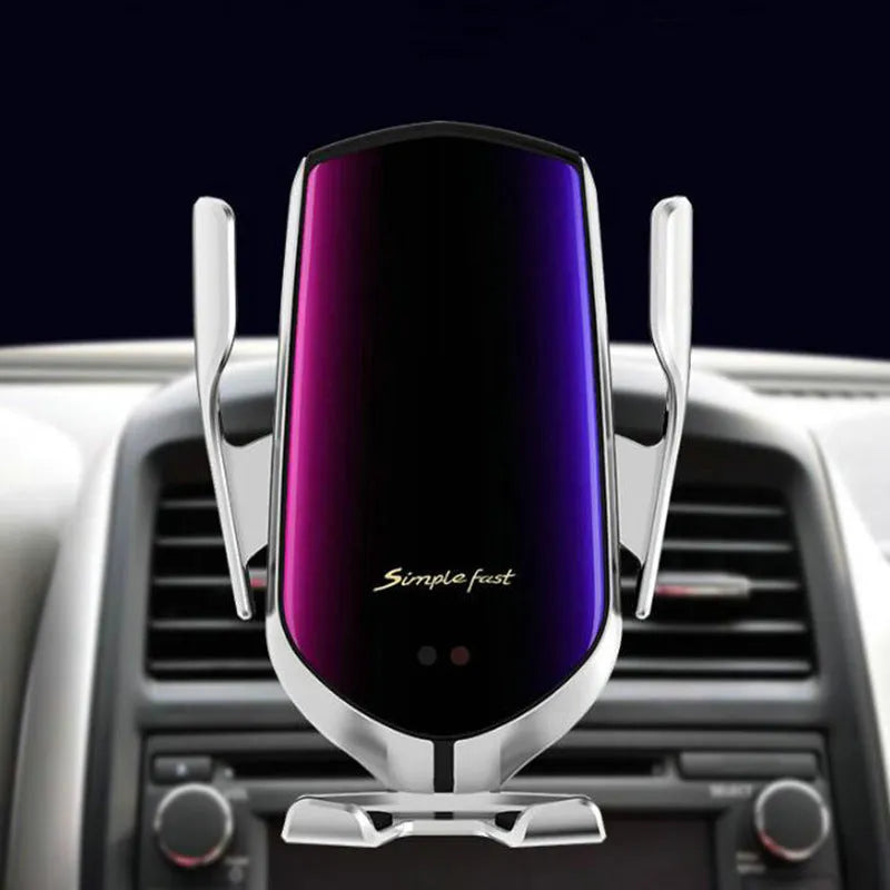 Car holder mobile phone wireless charger with Qi standard, 10W 7.5W 5W output, Micro USB interface, gold and silver options.