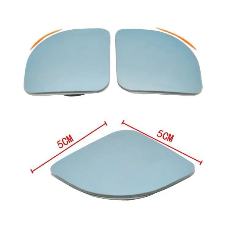 A pair of white, fan-shaped car blind spot mirrors with a 360-degree adjustable mounting bracket.