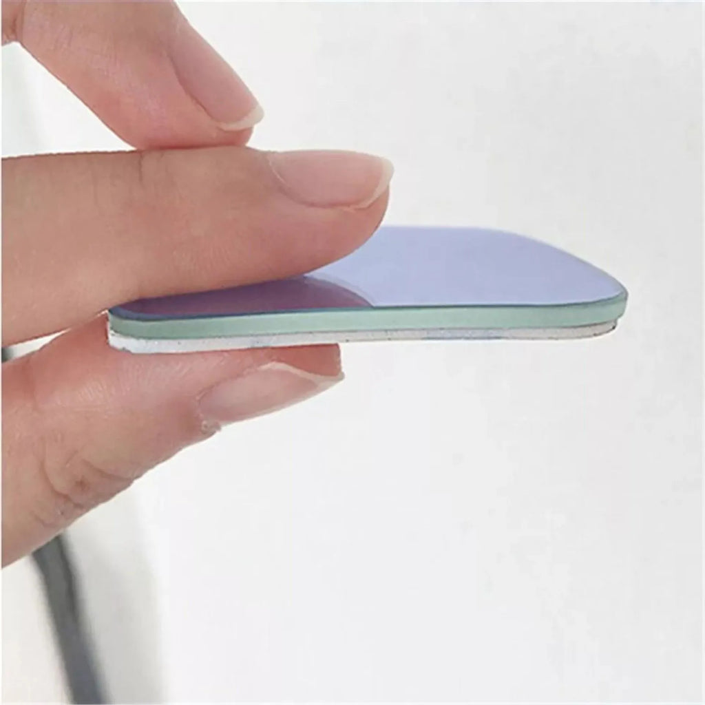 A pair of white, fan-shaped car blind spot mirrors with a 360-degree adjustable mounting bracket.