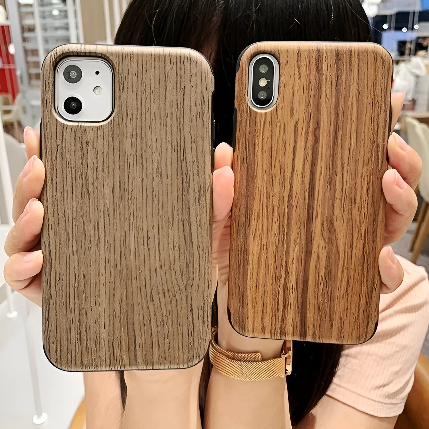 Wooden iPhone back cover case showing natural wood grain texture on rosewood coloured case