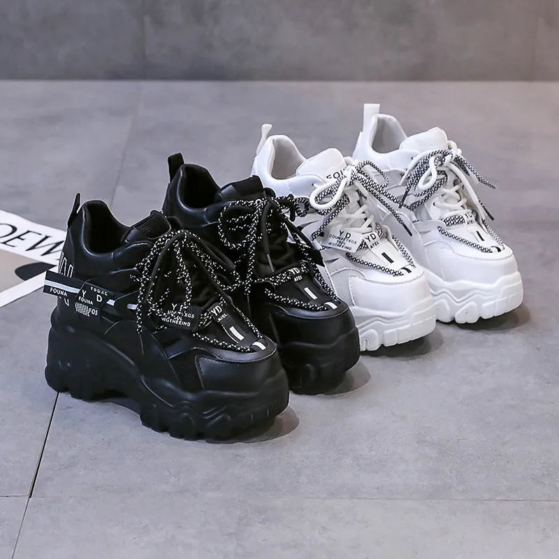 Women's white breathable mesh platform sports shoes with cross strap design and rubber sole