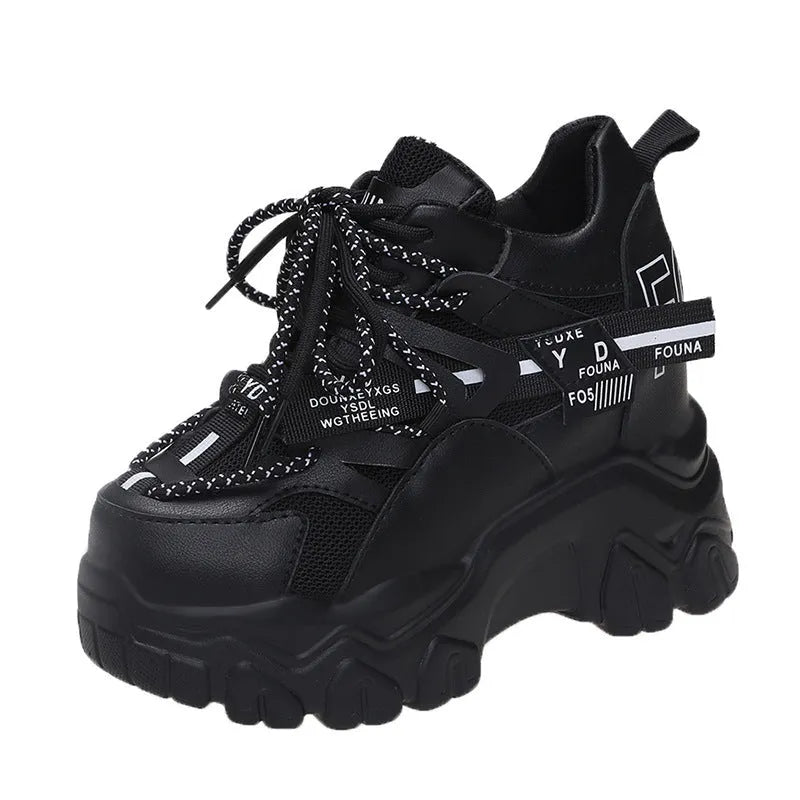 Women's white breathable mesh platform sports shoes with cross strap design and rubber sole