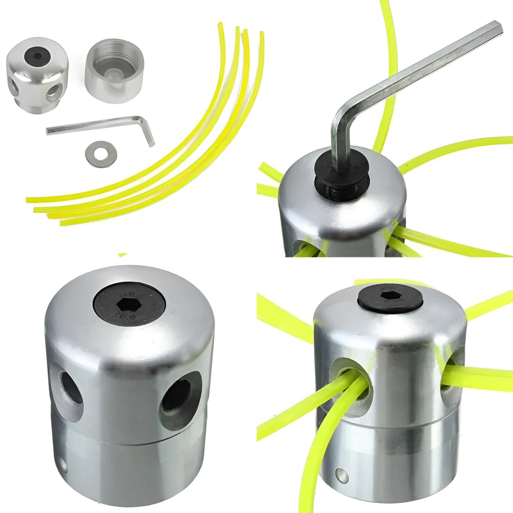 Silver aluminium lawn mower trimmer head with light yellow square grass strings and a wrench