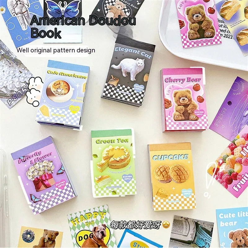 American retro cartoon sticker book with 50 adhesive 4x6cm sheets in six colour themes for journal decoration