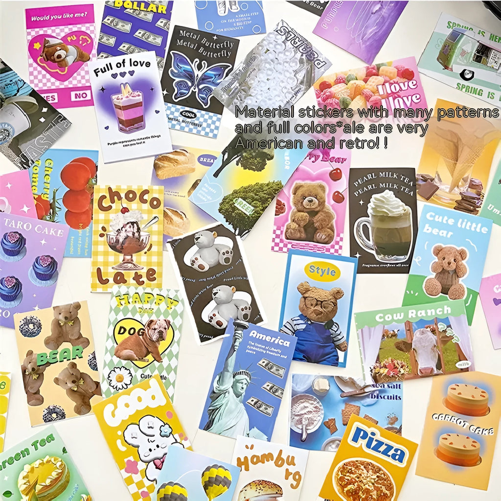 American retro cartoon sticker book with 50 adhesive 4x6cm sheets in six colour themes for journal decoration