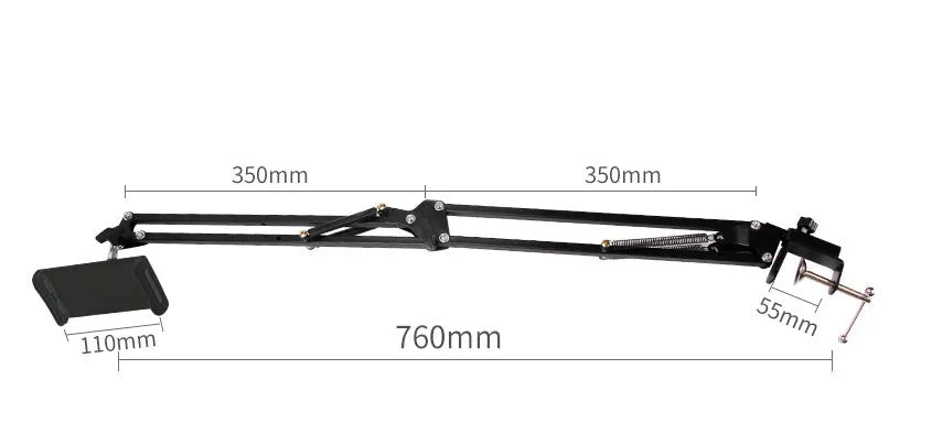 Adjustable black phone tablet stand holding mobile device at eye level