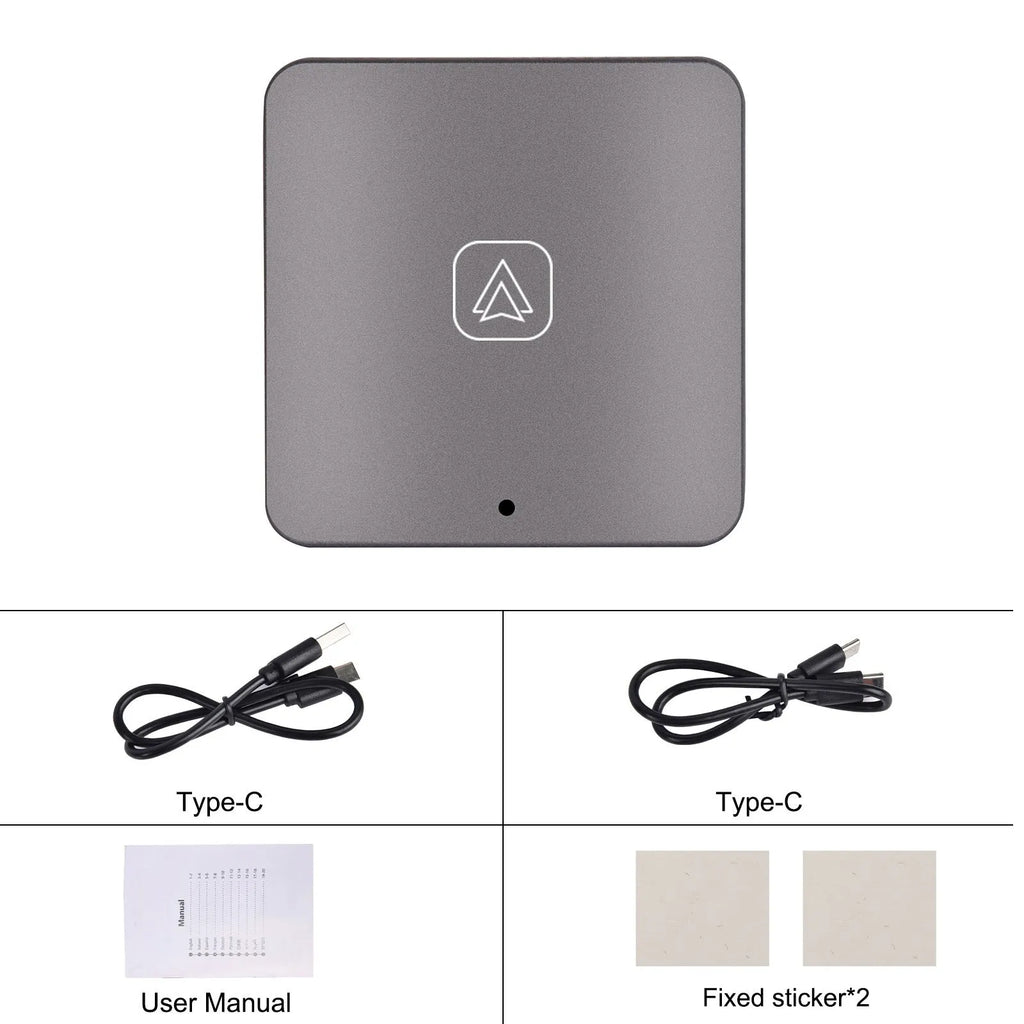 Black metal wireless CarPlay converter module with cables for car head unit installation