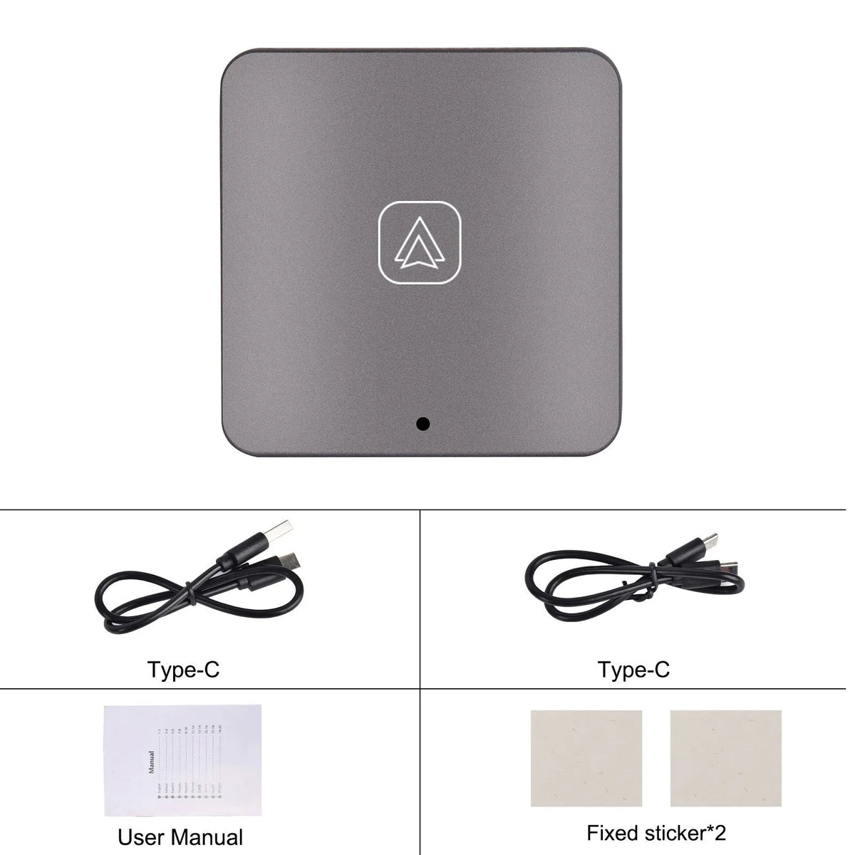 Black metal wireless CarPlay converter module with cables for car head unit installation