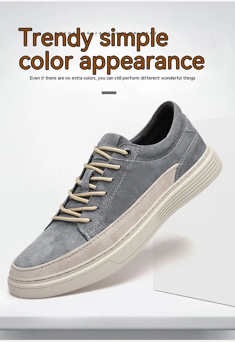 Men's grey casual leather skate shoes with round toe design and rubber sole