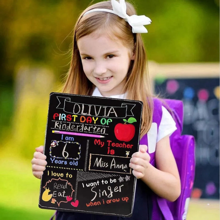 Wooden first day of school blackboard craftwork with modern simplicity design