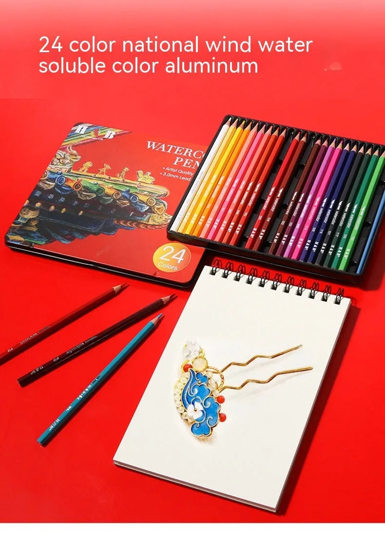 Water-soluble coloured pencils set with 24 colours in metal storage tin for drawing and watercolour techniques