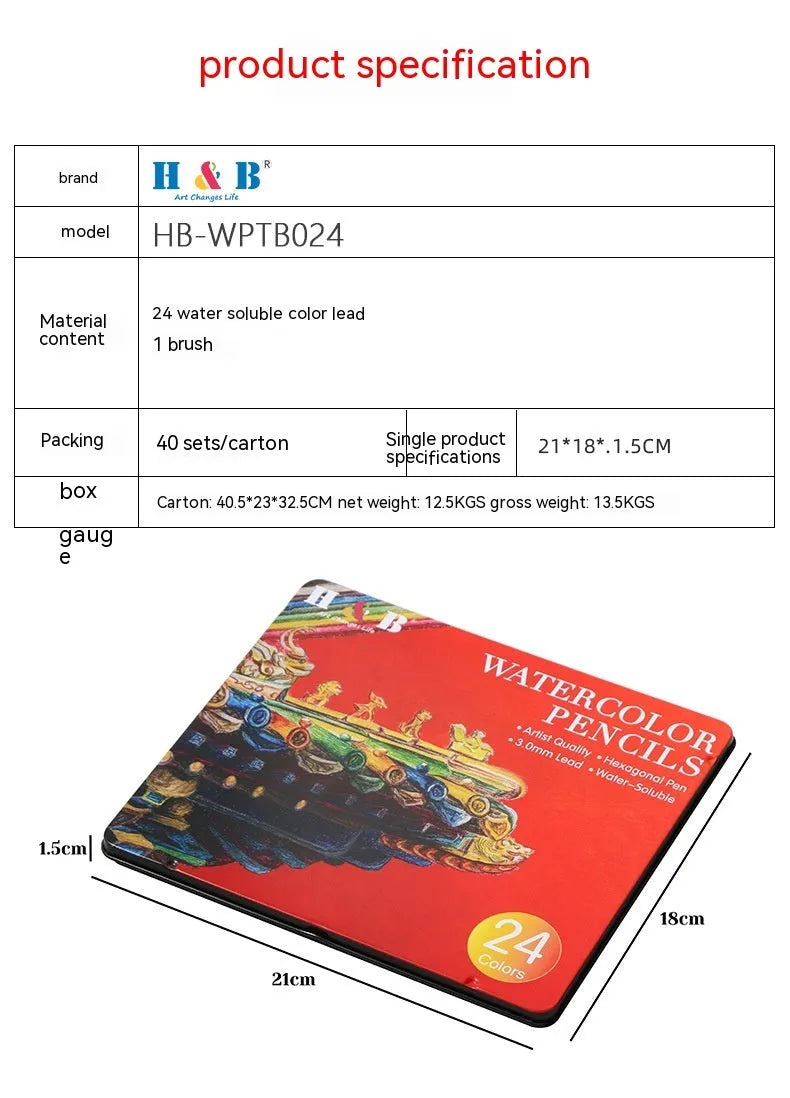 Water-soluble coloured pencils set with 24 colours in metal storage tin for drawing and watercolour techniques