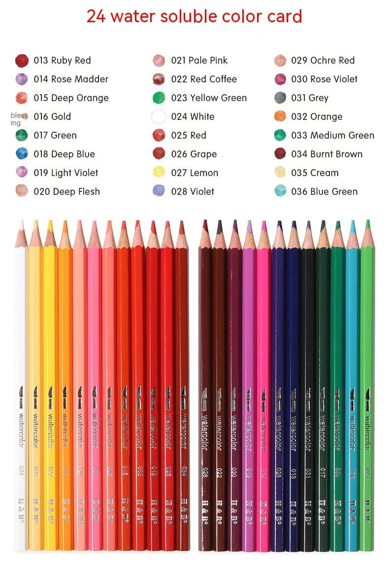 Water-soluble coloured pencils set with 24 colours in metal storage tin for drawing and watercolour techniques