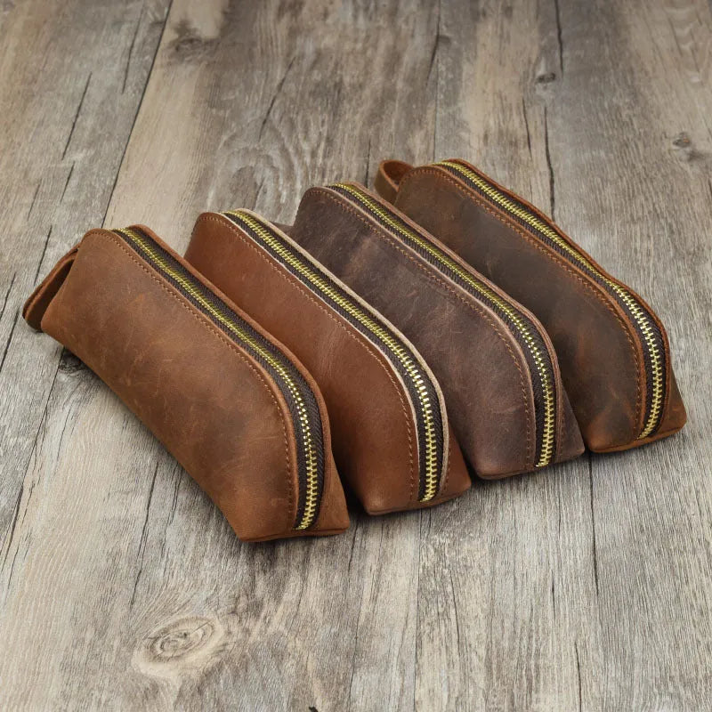 Genuine cowhide leather square pencil and glasses case with zipper in black colour