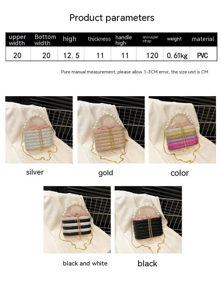 Round retro women's crossbody bag with beaded decoration in soft PU leather