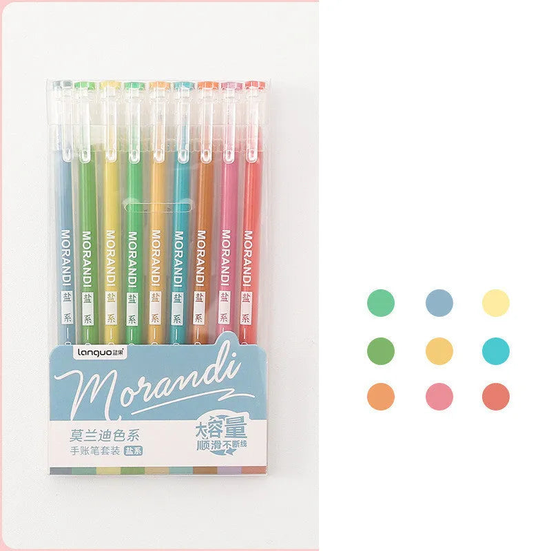 Retro gel pen set with nine coloured pens in plastic storage case