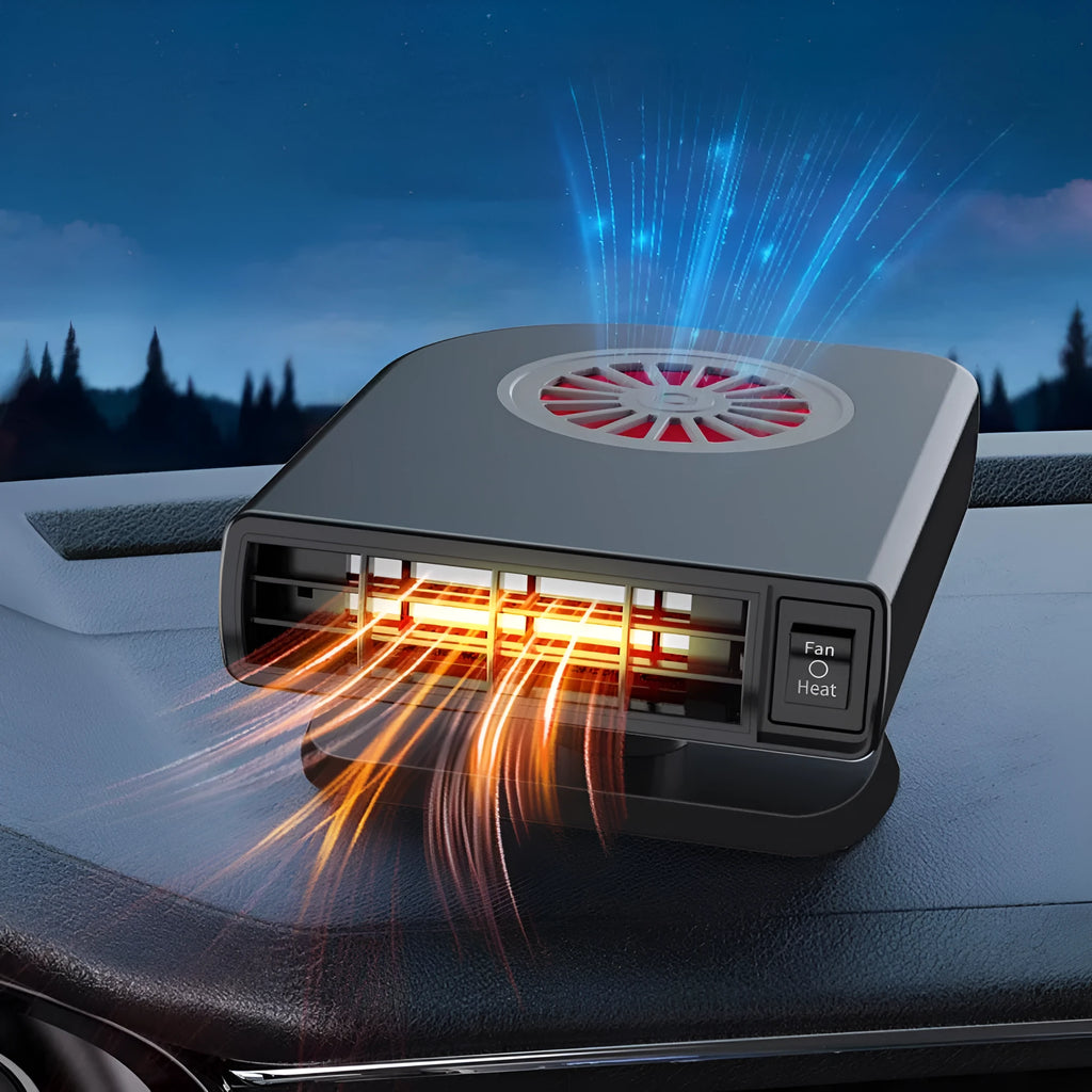 Black vehicle-mounted heater showing adjustable vents, dimensions 11x6.5x14cm, with double-sided adhesive.