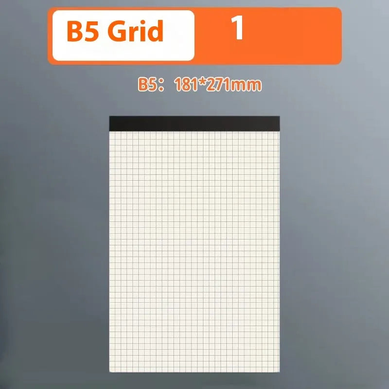 A5, B5, and A4 writing pads showing horizontal line, grid, and blank ruling options with 80 wood-free paper sheets