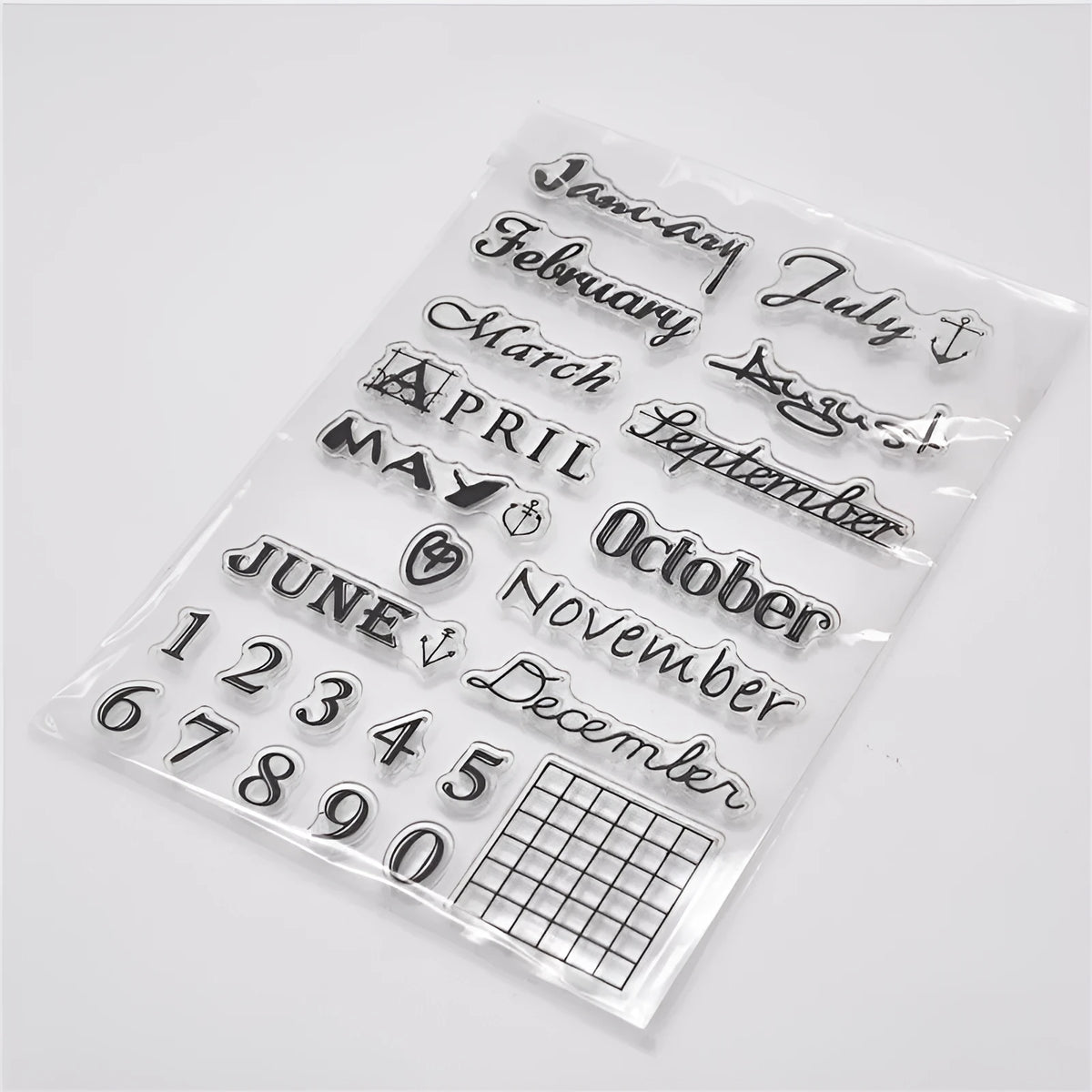 Clear transparent silicone stamp showing vintage icon and calendar date design.