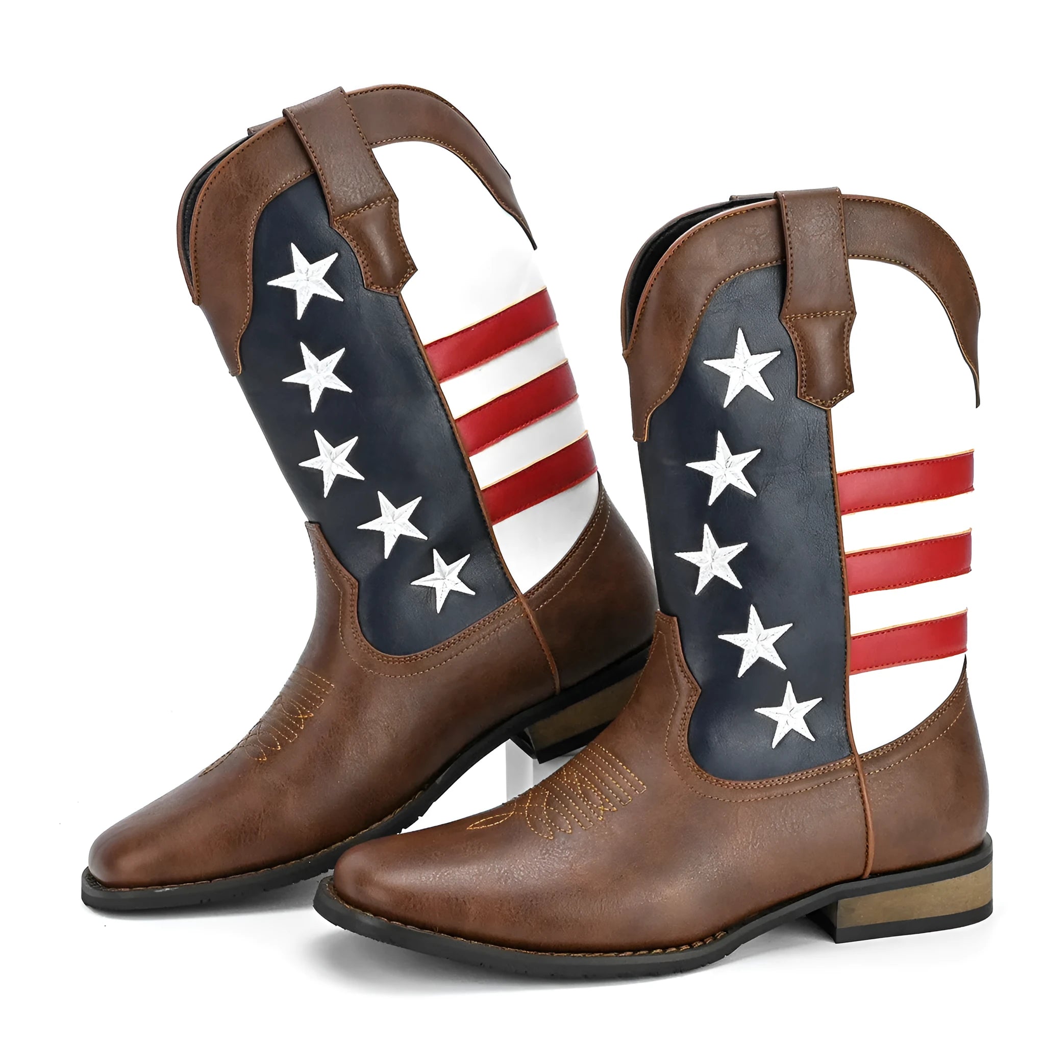 Men's black cowboy boot with five-pointed star and floral design on artificial leather upper.