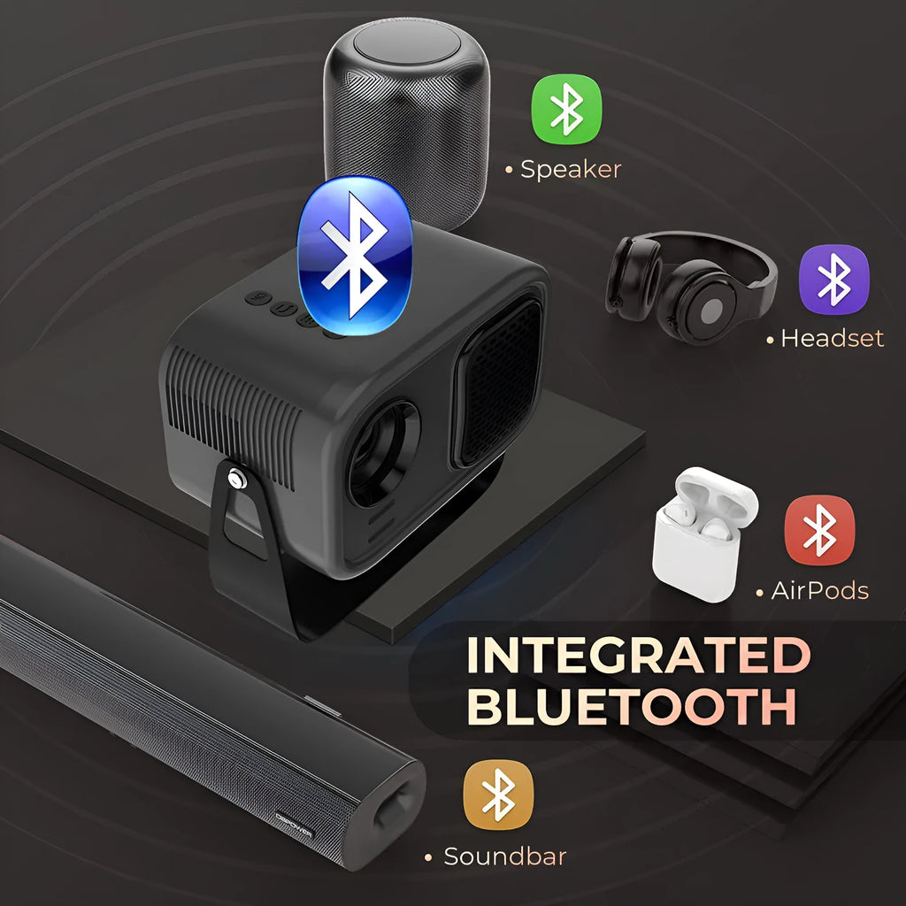 Black smart portable projector with HD 1280×720 resolution and included remote control