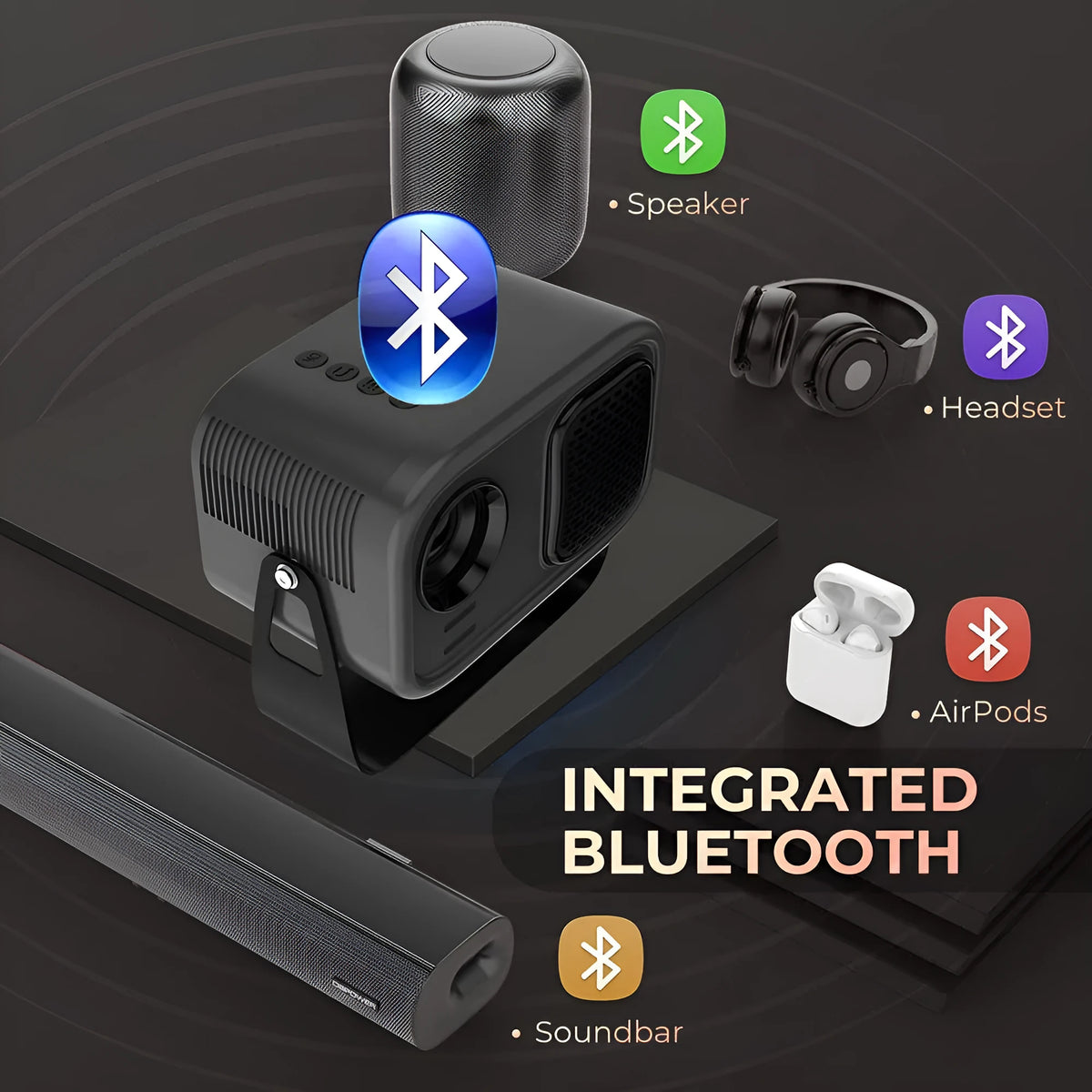 Black smart portable projector with HD 1280×720 resolution and included remote control