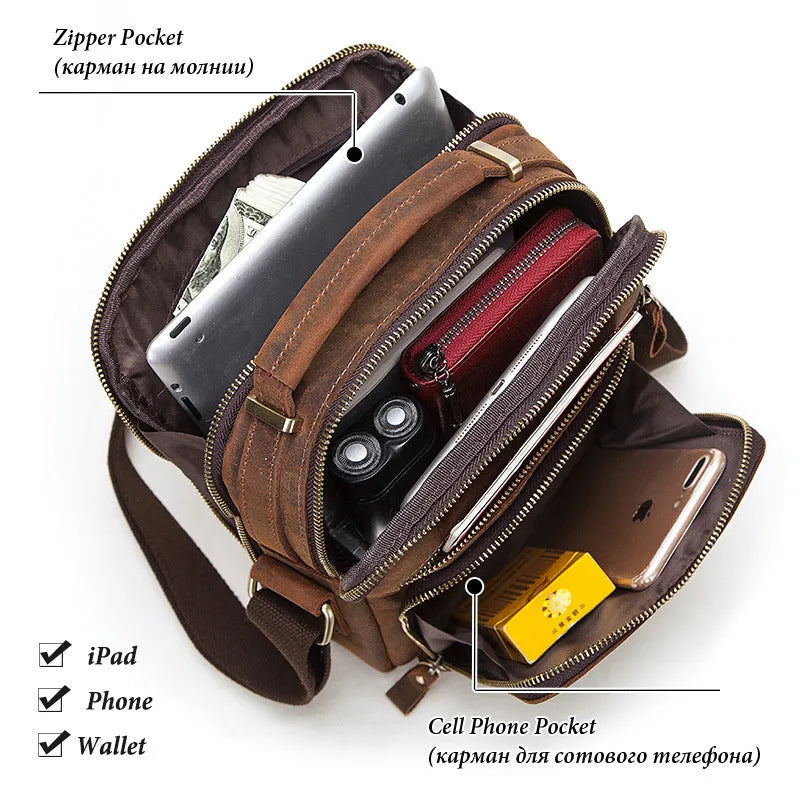 Men's brown leather crossbody bag with single-shoulder strap and retro styling details