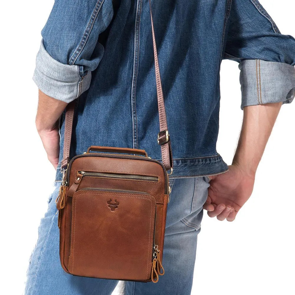 Men's brown leather crossbody bag with single-shoulder strap and retro styling details
