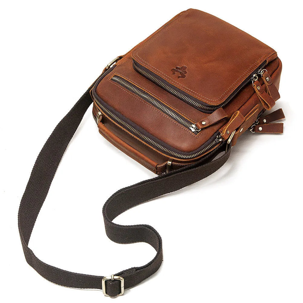 Men's brown leather crossbody bag with single-shoulder strap and retro styling details
