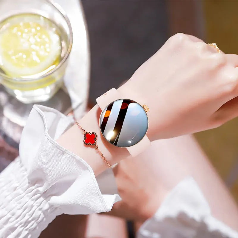 Women's smart watch with circular colour touchscreen display and metal wrist strap