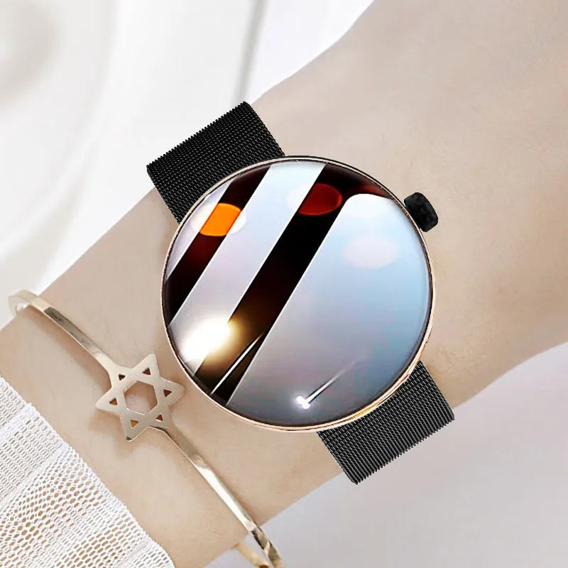 Women's smart watch with circular colour touchscreen display and metal wrist strap