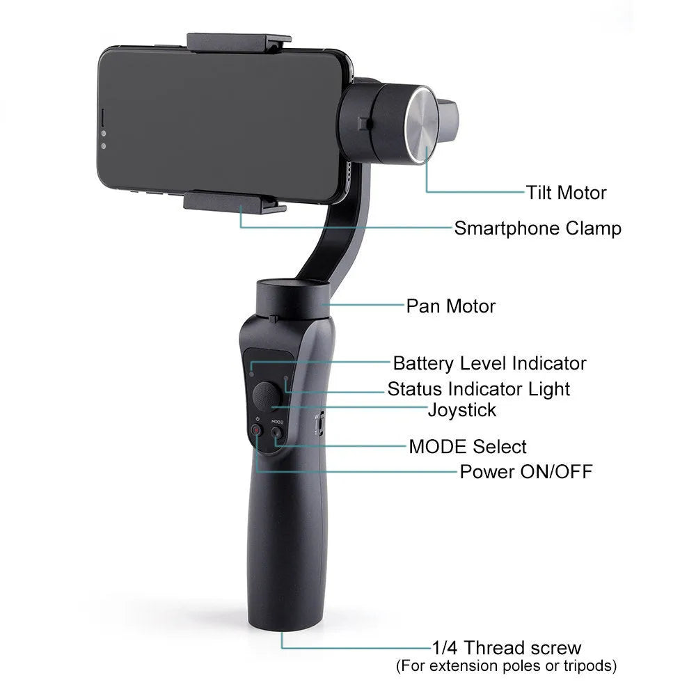 Black three-axis mobile phone gimbal stabilizer for smartphones under 6.5 inches with adjustable rotation speeds